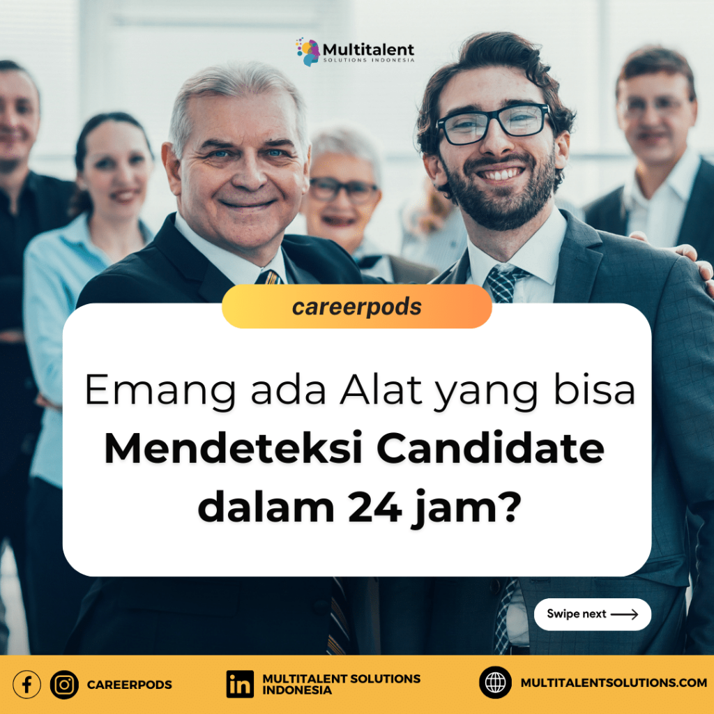 Tim profesional bahagia dengan teks 'Emang ada Alat yang bisa Mendeteksi Candidate dalam 24 jam?' untuk mempromosikan solusi rekrutmen cepat dari Multitalent Solutions.