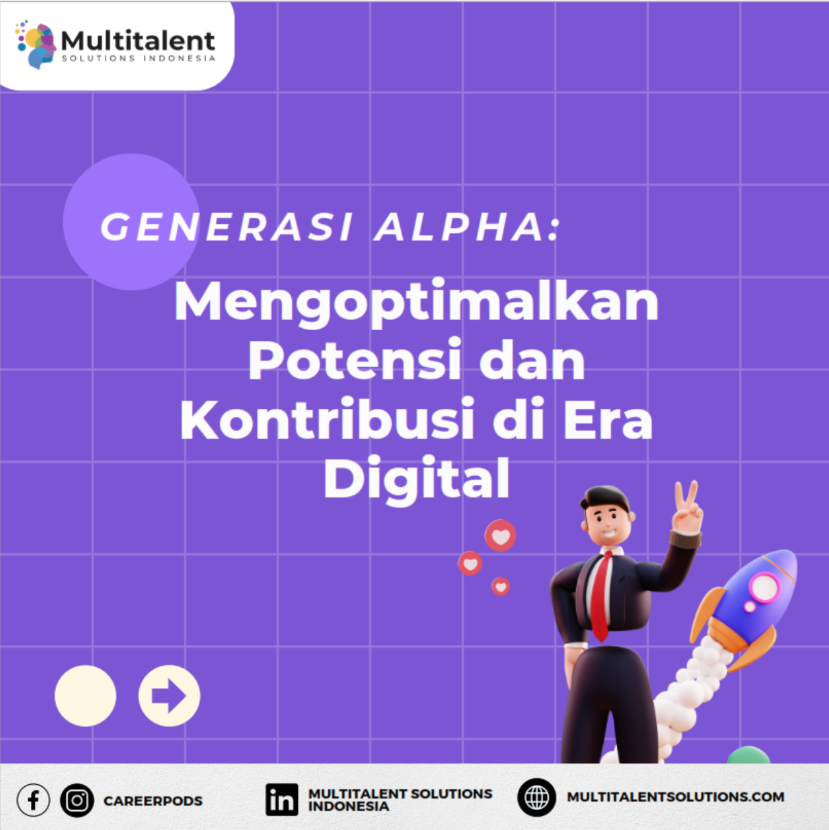 Ilustrasi seorang profesional muda dengan ikon roket, menggambarkan potensi generasi Alpha di era digital.