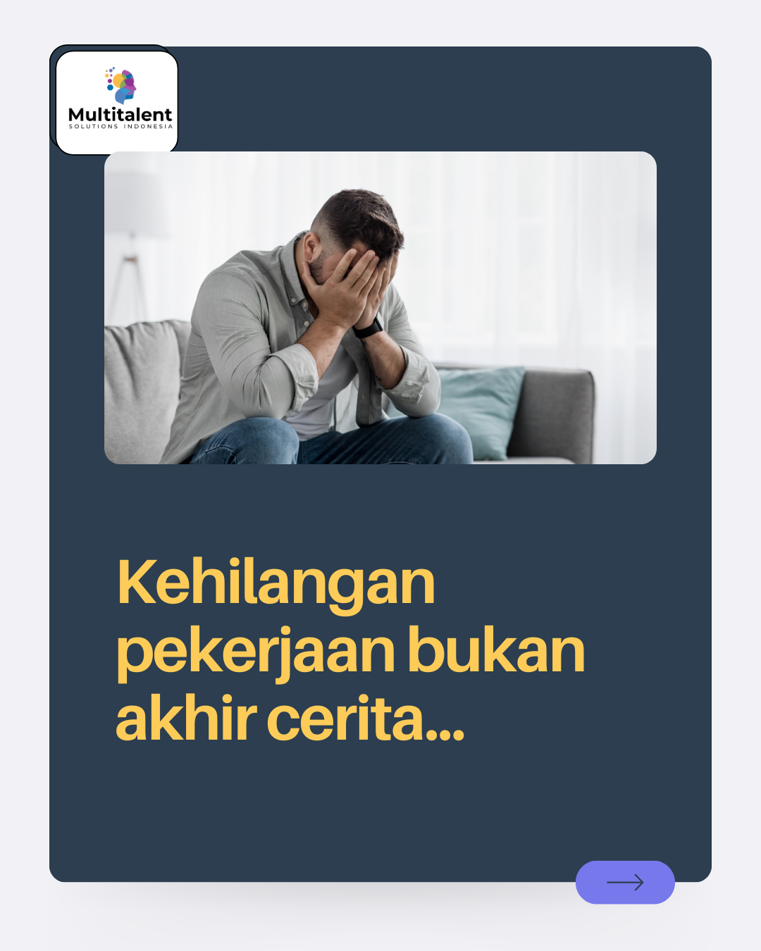 Seorang pria sedang duduk di sofa dengan wajah tertutup tangan, menunjukkan kesedihan atau kebingungan.